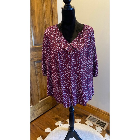 A.N.A. Boho Peasant Womens Plus Size XL Burgundy Patterened Blouse Top - Picture 2 of 10